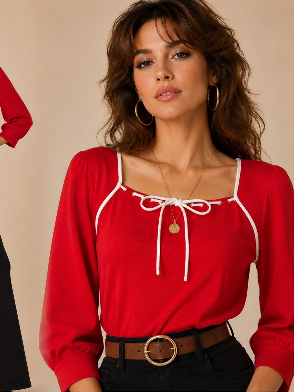 Vintage Joseph A Red Square-Neck Sweater with White Tie Trim